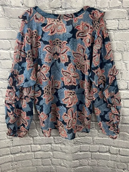 Chico’s NWT Size 4 US 20 Blue Floral Ruffle Front Blouse Long Sleeve Boho Top - Picture 2 of 12